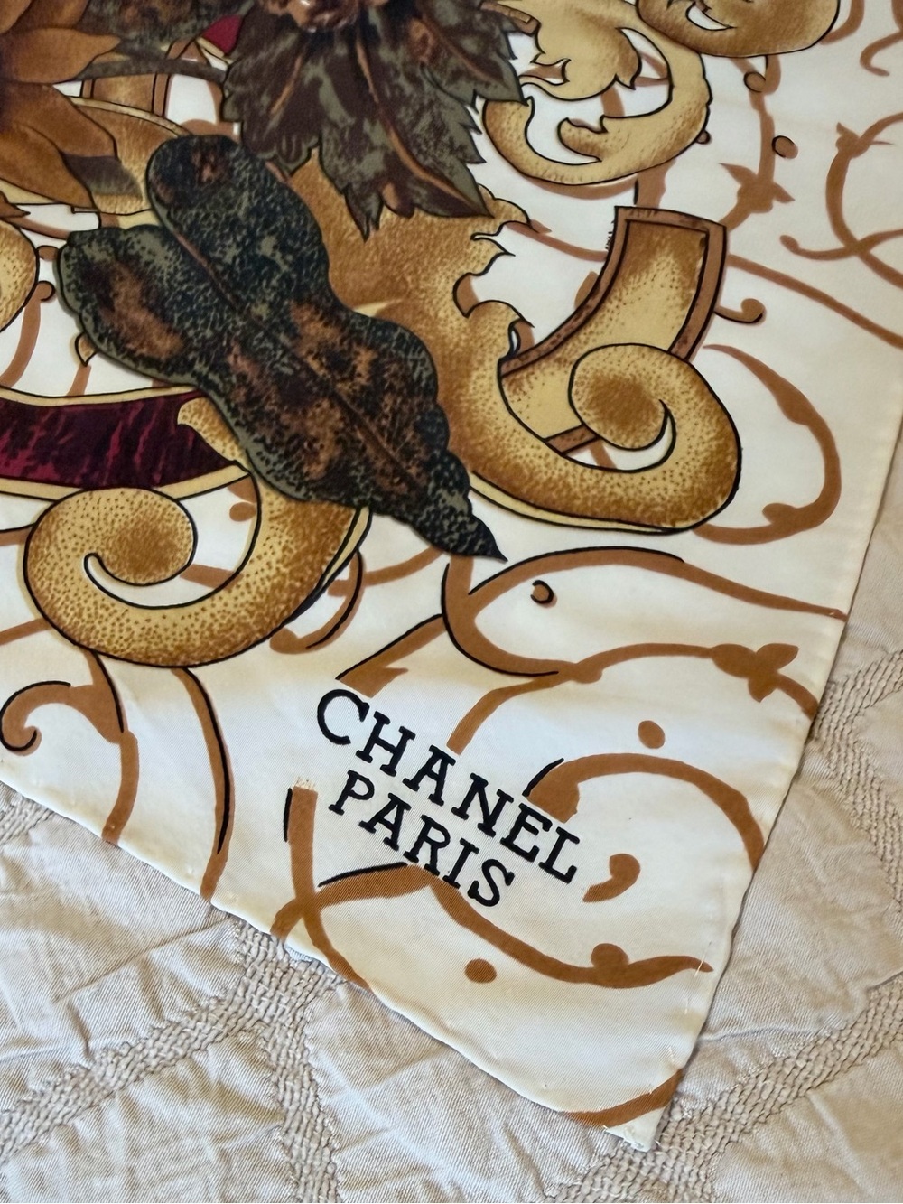 Chanel Silk Scarf Vintage Lagerfeld 80s 90s Baroque Floral Ivory CC